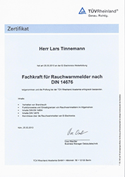 Zertifikat TÜV Fachkraft für  Rauchwarnmelder